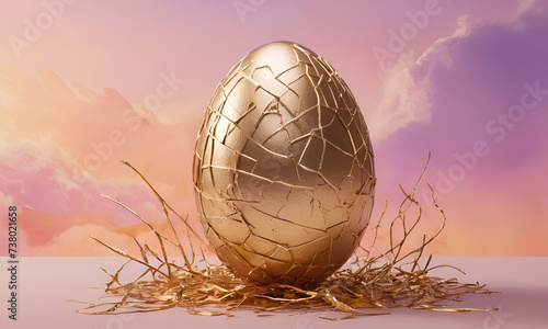 Capture the symbolism of a cracked gold Easter egg   The Easter season   Easter Egg Monday   Backdrop of soft pastel hues   Easter Monday