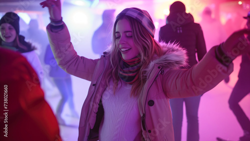 Happy young woman dancing and enjoying herself at a vibrant neon-lit apres ski party.