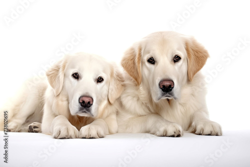 Two  young Golden Retriever dogs isolated on white background.