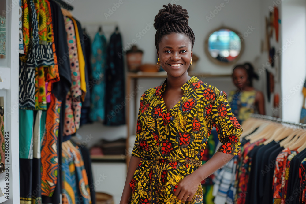 Stylish African female fashion designer in traditional attire with a bright smile in a boutique setting