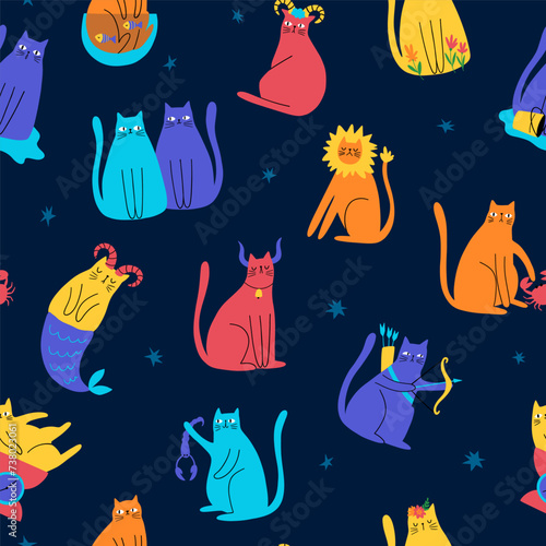 Seamless pattern with zodiac cats. Hand draw style. Vector illustration of twelve zodiacal symbols. Astrology Sign. For textile, fabric, wallpaper, apparel clothing, banner, poster, postcard.
