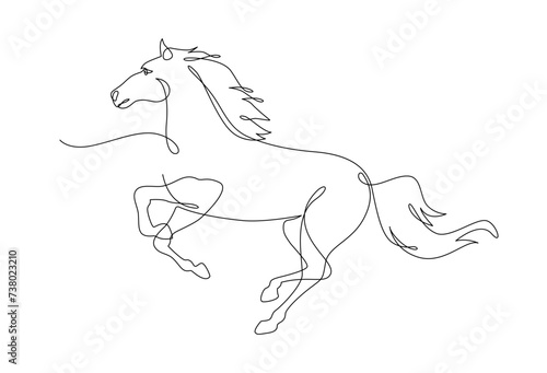 Continuous line drawing horse running, Side view single linear decorative design concept. Horse linear minimal style, Hand drawn isolated on white background. Vector design illustration.