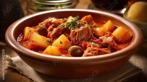 Spanish dish Callos a la Madrilena, typical stew with beef tripe, serving with olives photo