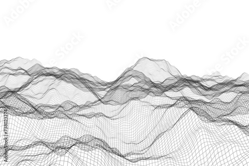 Abstract wireframe waves with 3d mesh technology on white background and futuristic outline (ID: 738023274)