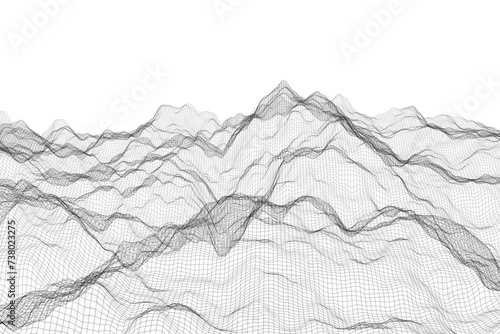 Futuristic mesh network creating an abstract wireframe landscape, resembling mountainous terrain on a white background, in a 3D digital illustration (ID: 738023275)