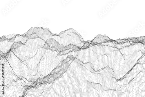 Abstract wireframe terrain waves with mesh lines and grid technology on white background (ID: 738023295)