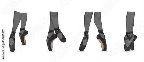 Cute feet wearing bright black pointe shoes set