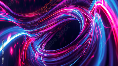 A swirling vortex of neon ribbons suspended in a dark void