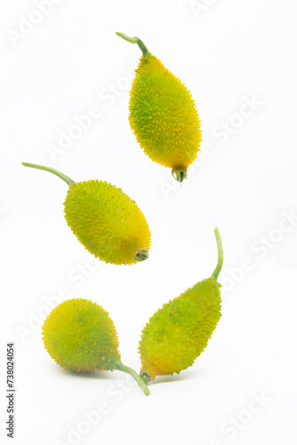 Spiny gourd or spine gourd also known as bristly balsma pear, prickly carolaho isolated on white background photo