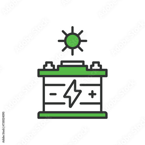 Solar Energy Accumulation icon line design green. Energy, accumulation, sun, power, system, renewable, panel, battery isolated on white background vector. Solar Energy Accumulation editable stroke ico