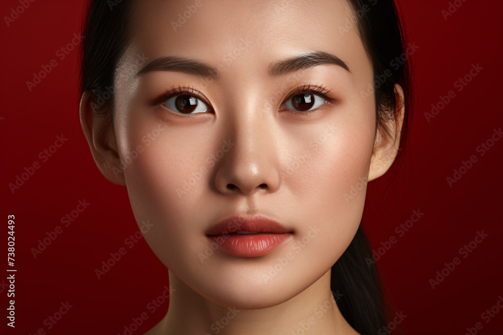 Close up of face of pretty Asian woman in front of red background Close up of face of pretty Asian woman in front of red background