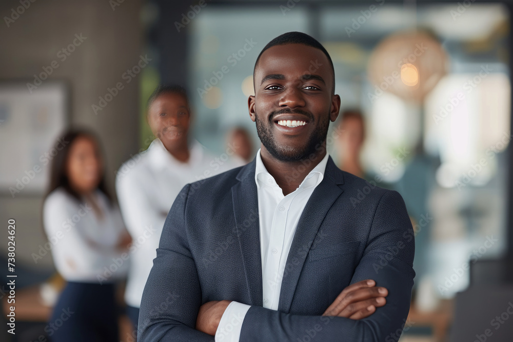 Handsome and confident African American businessman consultant smiling with diversity team in modern office background Handsome and confident African American businessman consultant smiling with diversity team in modern office background