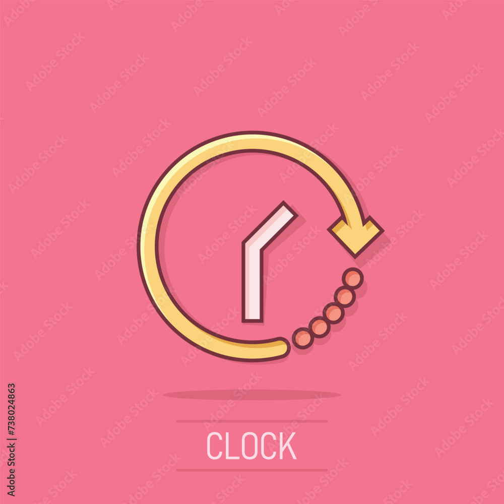 Clock icon in comic style. Watch cartoon vector illustration on isolated background. Timer splash effect business concept. Clock icon in comic style. Watch cartoon vector illustration on isolated background. Timer splash effect business concept.