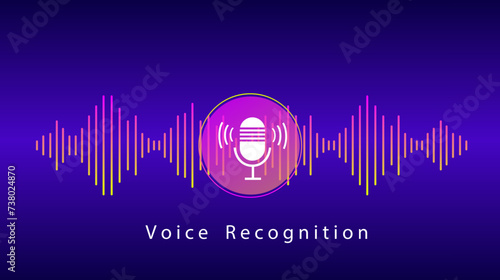 Voice Recognition and Personal Assistant Concept. Illustration of Gradient Vector sound wave and Microphone with bright voice button control. Voice imitation and intelligent technologies.