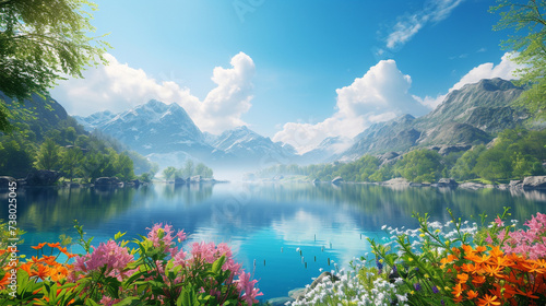 A tranquil lake surrounded by lush greenery and colorful flowers