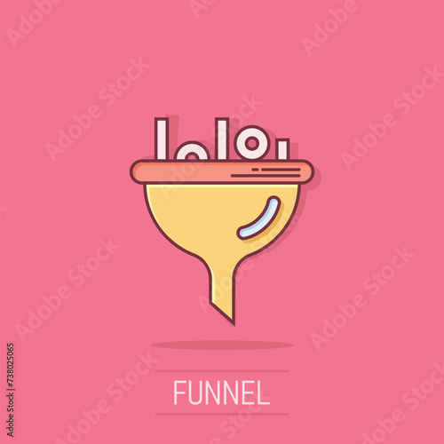 Filter icon in comic style. Funnel cartoon vector illustration on isolated background. Chemical cone splash effect business concept.