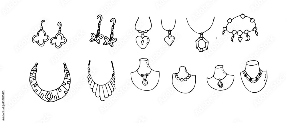 Hand drawn jewerly set of diamond pendants and other jewel supplies. Vector illustration isolated. Can used for greeting card, beauty banner, posters, clothes print. Hand drawn jewerly set of diamond pendants and other jewel supplies. Vector illustration isolated. Can used for greeting card, beauty banner, posters, clothes print.