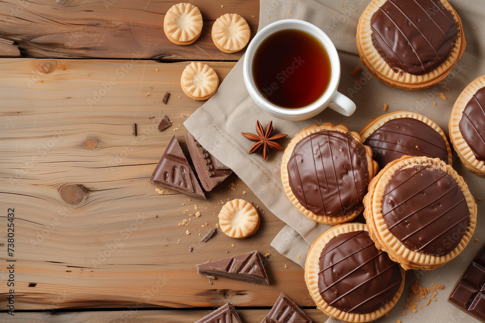 Top view of chocolate-covered biscuits and a cup of tea on a wooden surface, featuring a cozy and appetizing arrangement. Top view of chocolate-covered biscuits and a cup of tea on a wooden surface, featuring a cozy and appetizing arrangement.
