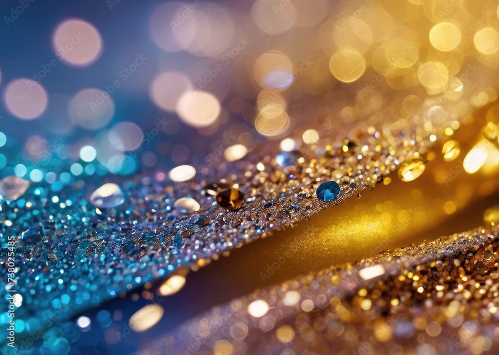 Gold Glitter Holiday Texture with White and Blue Glitter Balls Bokeh
