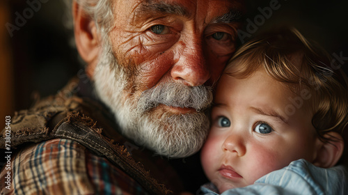 60 year old old man holding a baby in his arms, cute face, emotional photo