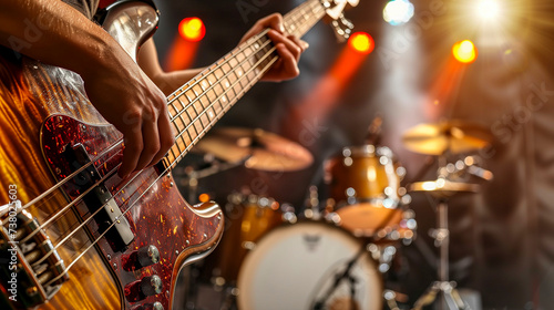 close up of hands of a bass player playing electric bass live in a concert - live music show concept photo
