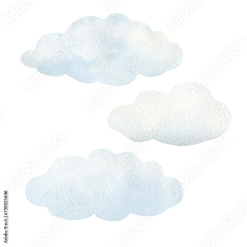 Watercolor illustration of stylized cartoon clouds isolated, set. Watercolor texture, handmade