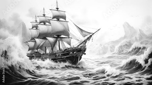 Print op canvas Pirate ship at sea. Black and white pencil drawing