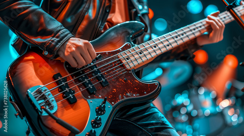 close up of hands of a bass player playing electric bass live in a concert - live music show concept