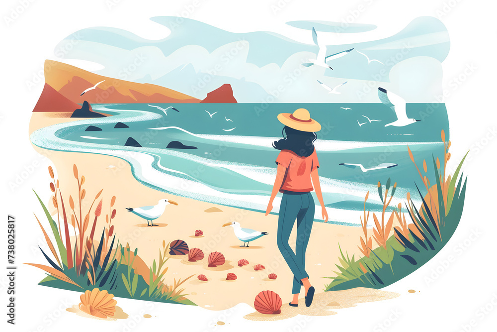 A woman in landscape of the ocean, walking on the beach, travel concept A woman in landscape of the ocean, walking on the beach, travel concept