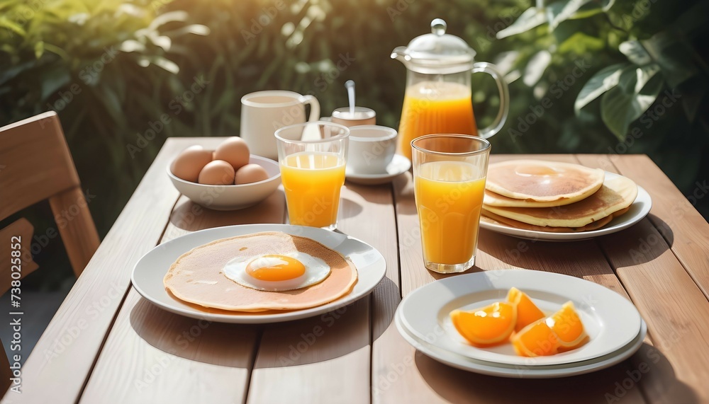 Summer outdoor breakfast table on patio. There is pancake egg orange juice coffee tea etc.
