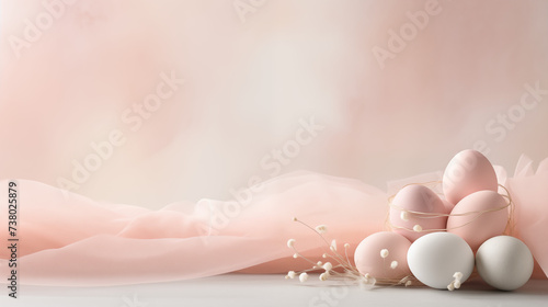 Minimalistyczne różowe tło na życzenia Wielkanocne. Alleluja - Wesołych świąt Wielkiej Nocy. Jajka, koszyczek, kwiaty i inne wiosenne dekoracje. photo