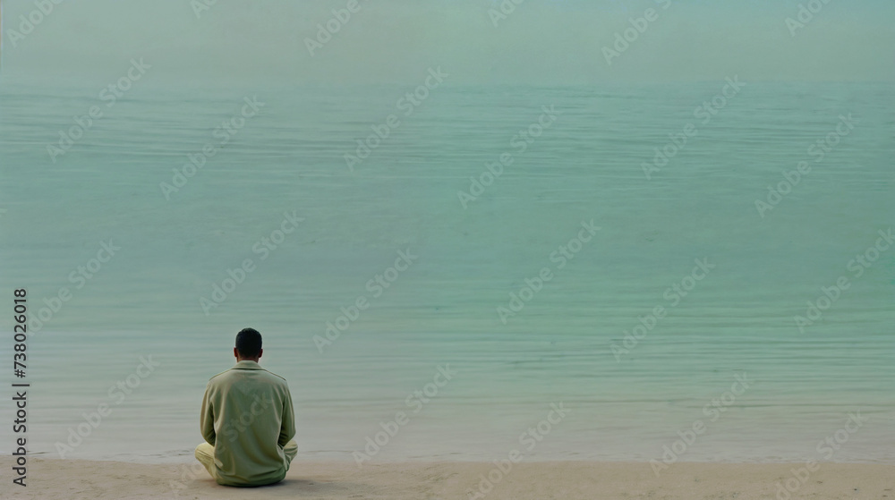 Fototapeta premium Peaceful Young Adult Man Sitting Alone on the Beach, Contemplating the Tranquil Sea, with a Vast Horizon in the Background