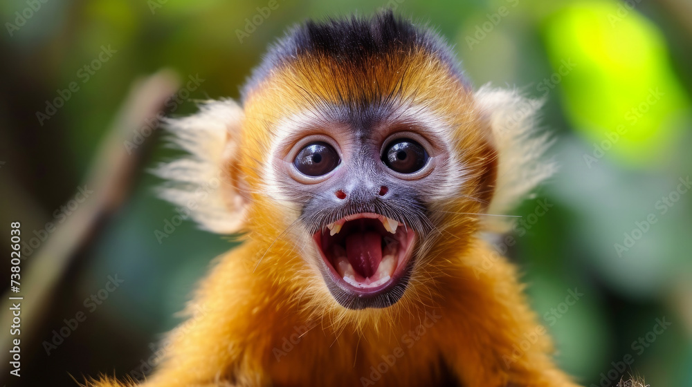 Obraz premium funny monkey. Comical animal making a funny face that's impossible not to chuckle at. Funny smiling animal. Perfect for lighthearted and amusing design projects.
