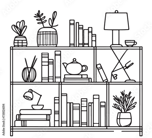 bookshelves, books, interior, furniture, lineart, icon, vector