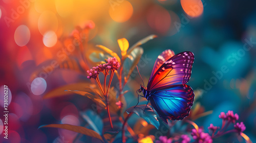 Iridescent Butterfly on Flower in Enchanted Garden