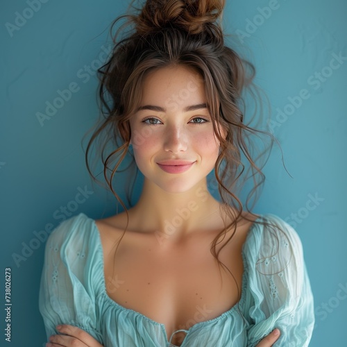 Portrait of optimistic lovely girl with stylish hairdo wear turquoise blouse hold palms crossed smiling isolated on blue color background