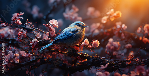 sparrow on a branch, Enchanting Nightingale Singing Set the mood with the enchanting melody of a nightingale as it sings its sweet, melodious song amidst the moonlit branches of a flowering tree  photo