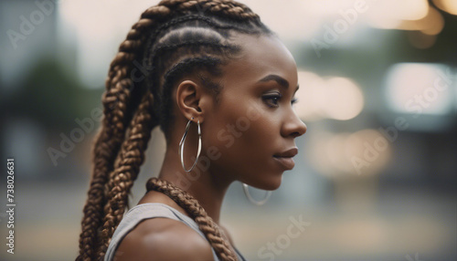body portrait of a young modern-looking African American woman with braided hair 