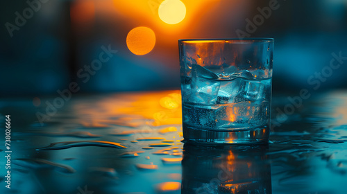 Chilled Glass with Ice Cubes on Wet Surface Against Warm Bokeh Lights