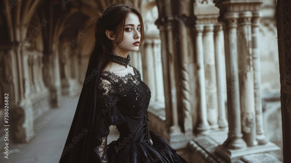 A NeoGothic look fit for a queen featuring a sweeping velvet cape a beaded choker and a black tulle ballgown with delicate lace overlay. Perfect for a high fashion editorial