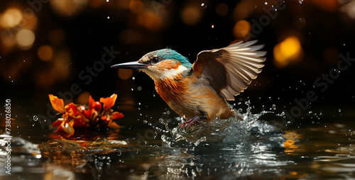 Energetic Kingfisher Diving for Fish Freeze a moment in time as a kingfisher plunges into the water with lightning speed, its beak aimed at an unsuspecting fish below, capturing the thrill of the hunt