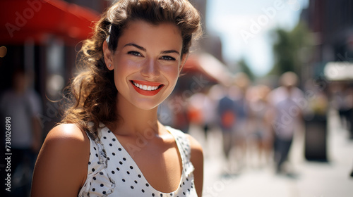 Sunny Woman in Polka Dot Dress Smiling on City Street