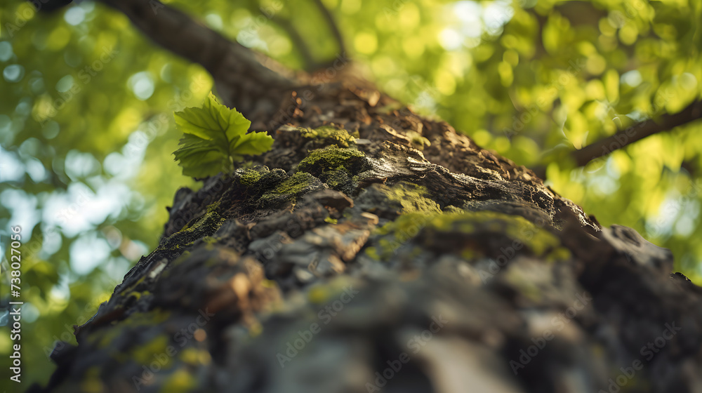 New Leaf Sprouting on Tree Trunk with Sunlit Canopy Background New Leaf Sprouting on Tree Trunk with Sunlit Canopy Background