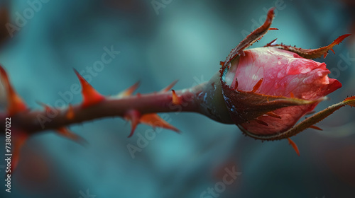 Dew on Red Rose Bud with Sharp Thorns Against a Moody Blue Background