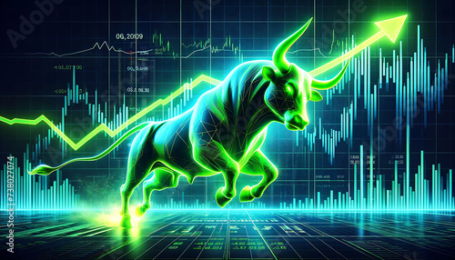 Neon Green Bull Illustration Charging Ahead on Financial Graph Background