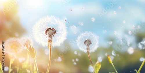  dandelions in a grass with green bokeh