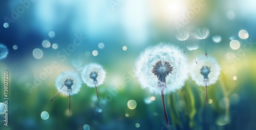  dandelions in a grass with green bokeh