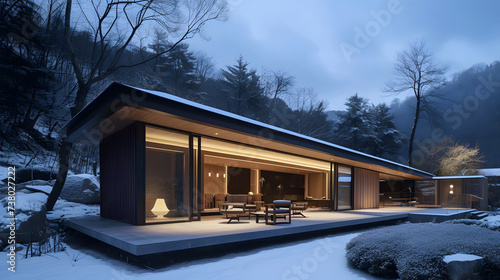 Modern Mountain Teahouse with Illuminated Interior and Snowy Surroundings at Dusk