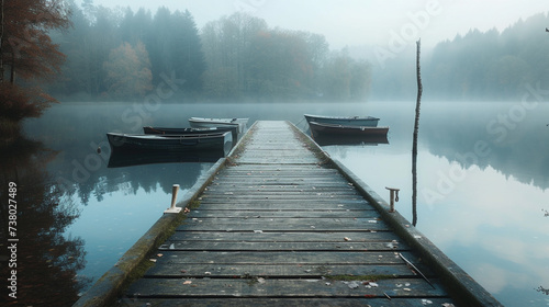 A weathered wooden dock stretching out into a tranquil lake photo