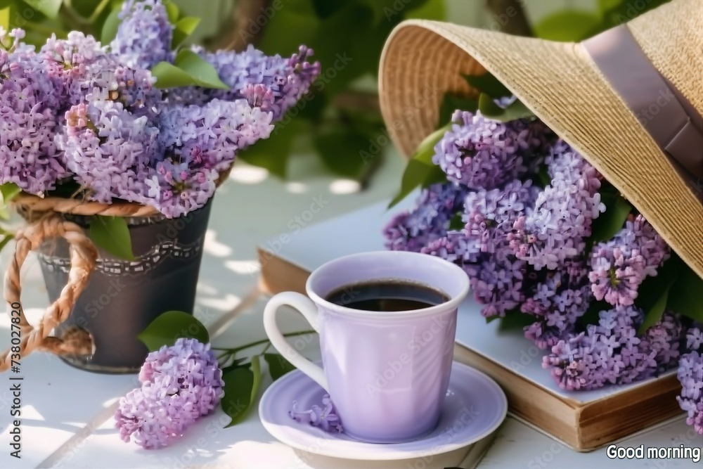 The postcard is beautiful. A fancy purple coffee mug, an old book, a straw hat and a bouquet of purple lilac. Beautiful still life. Spring time. generative ai. The postcard is beautiful. A fancy purple coffee mug, an old book, a straw hat and a bouquet of purple lilac. Beautiful still life. Spring time. generative ai.